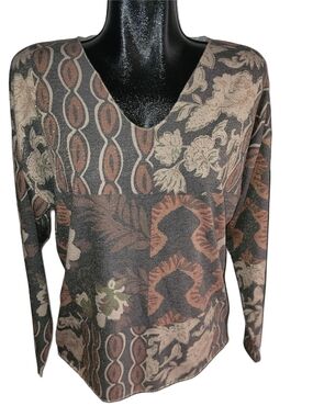 Via Vitale Brown & Tan Floral & Geometric Long Sleeve V-Neck Top Size M